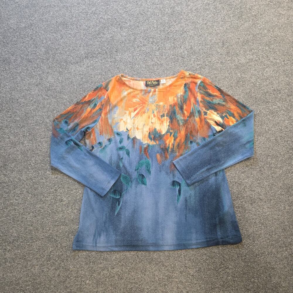 Bob Mackie Top Womens Size Medium Orange Gray Watercolor No Iron Stretchy Casual